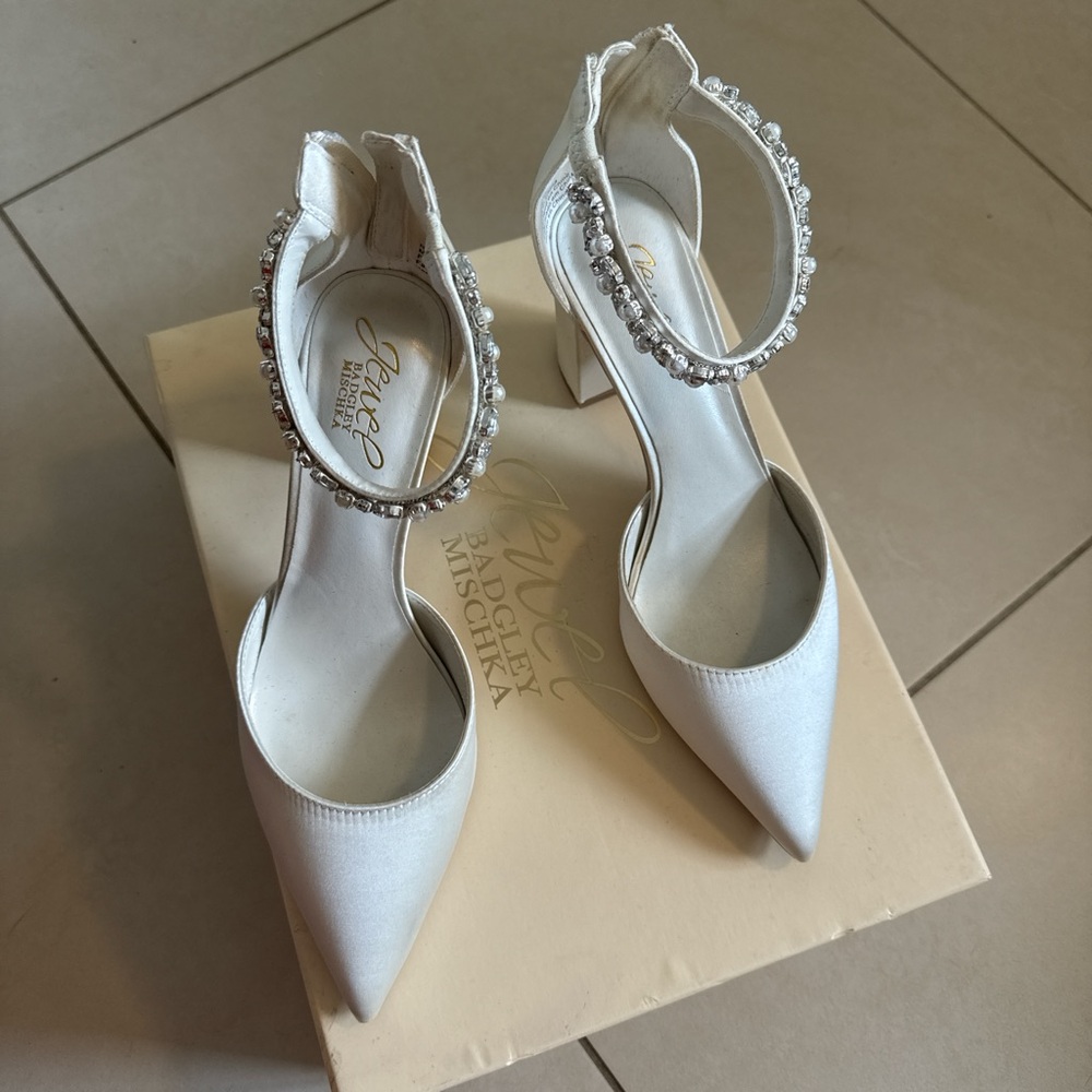 Badgley Mischka Ivory Pointed-Toe Satin Pumps with Crystal Ankle Straps
